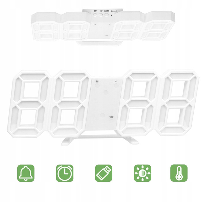 4w1 Zegar cyfrowy LED 3D ścienny stojący budzik termometr data alarm, biały