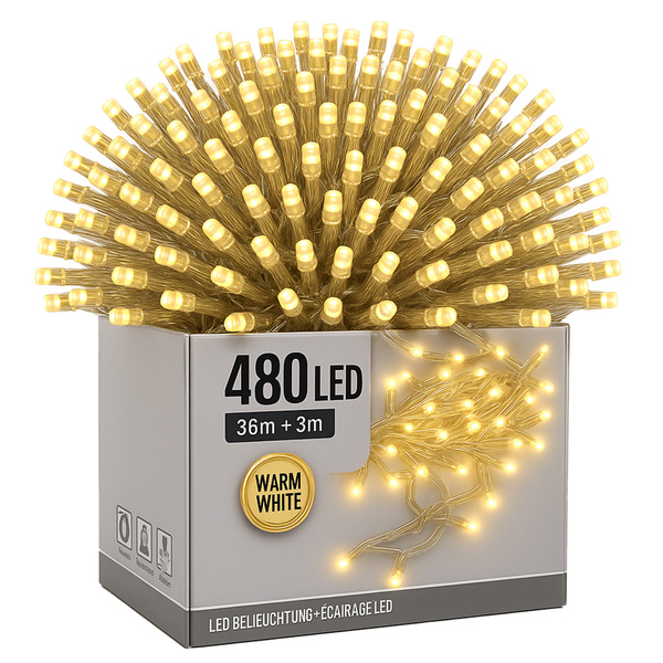 Lampki choinkowe 480 LED białe ciepłe wewnętrzne zewnętrzne 39m IP44, biały