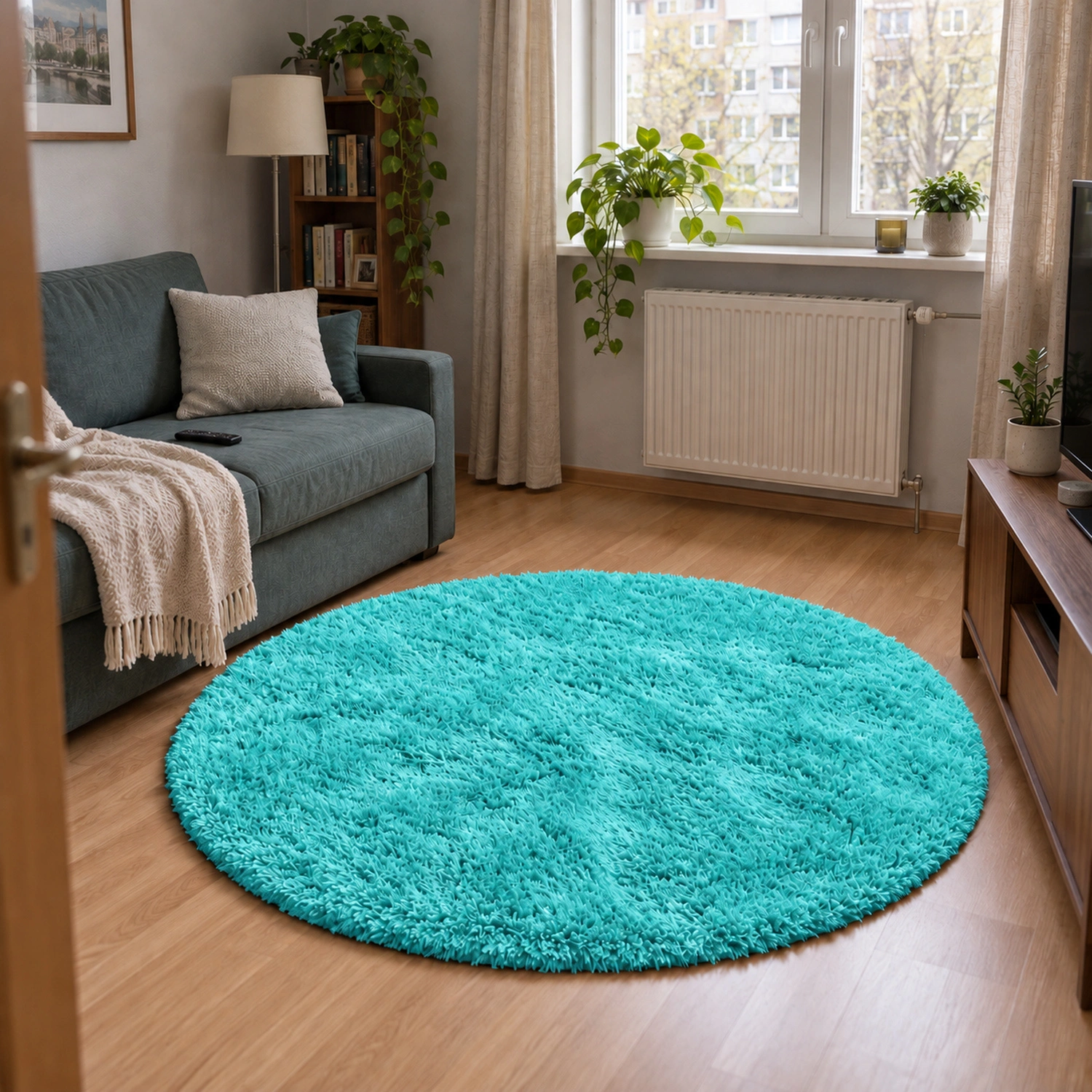 Dywan okrągły Shaggy TurquoiseSea 140 cm — aranżacja salonu