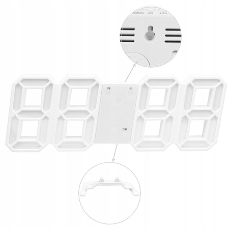 4w1 Zegar cyfrowy LED 3D ścienny stojący budzik termometr data alarm, biały