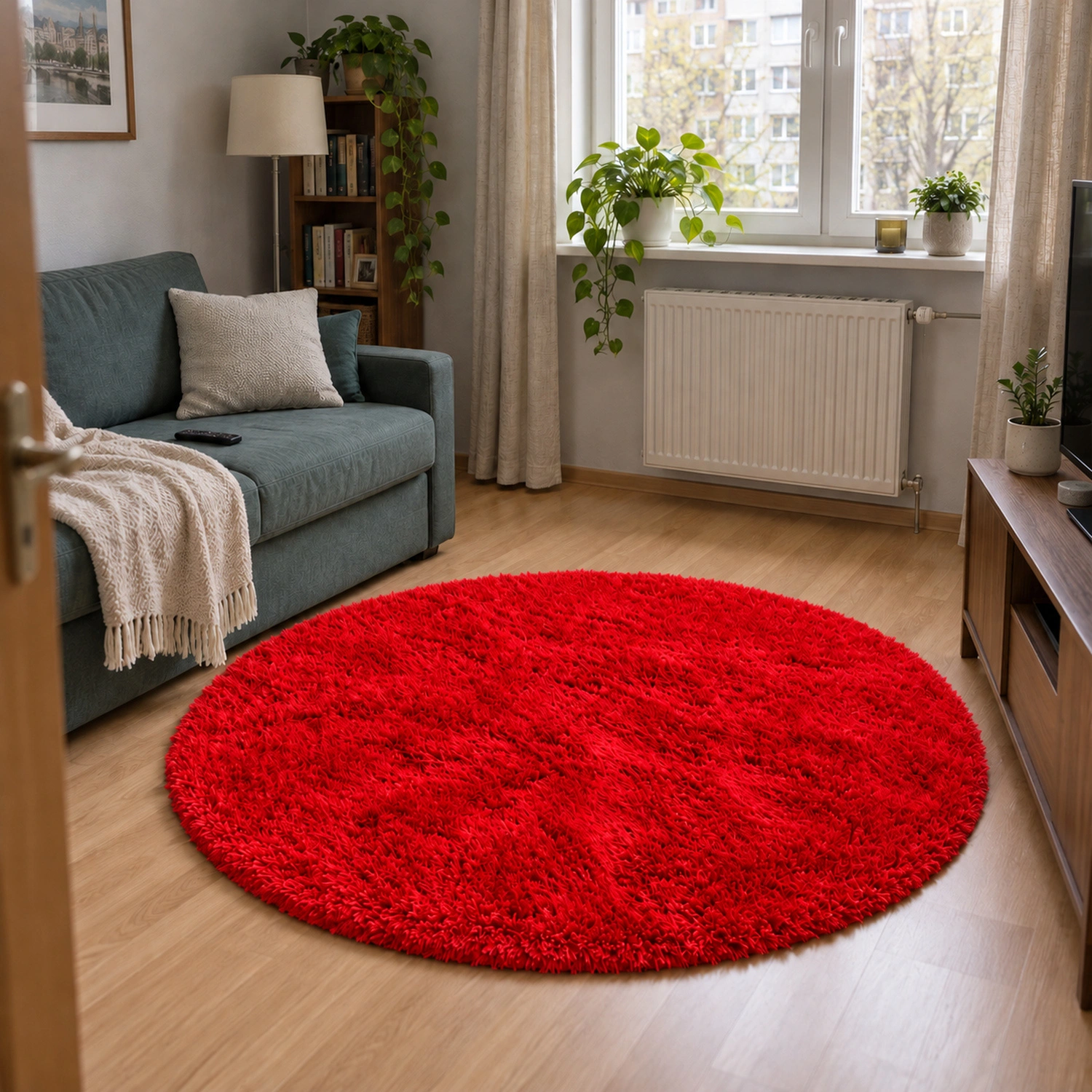 Dywan okrągły Shaggy BloodyRed 180 cm — aranżacja salonu