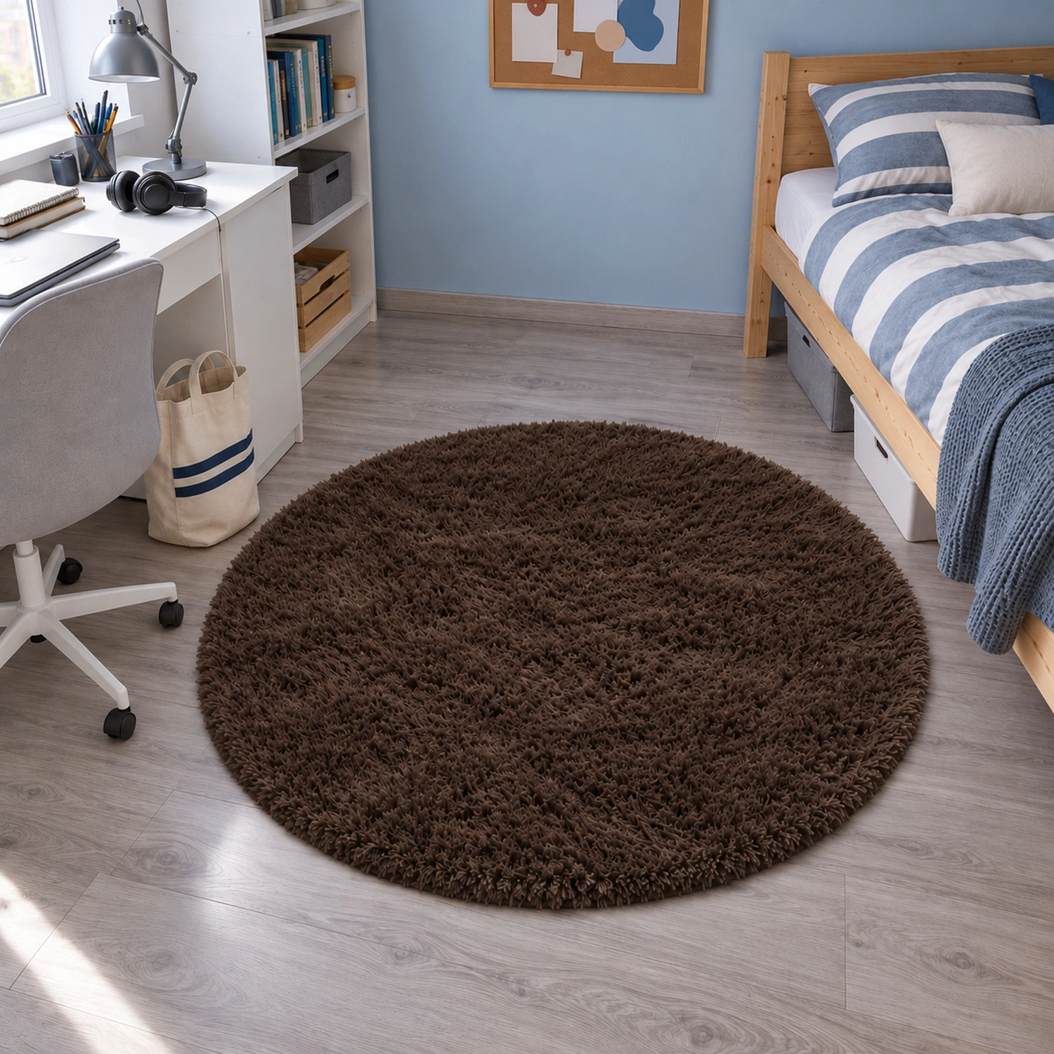 Dywan okrągły Shaggy DarkCoffee 80 cm — pokój młodzieżowy