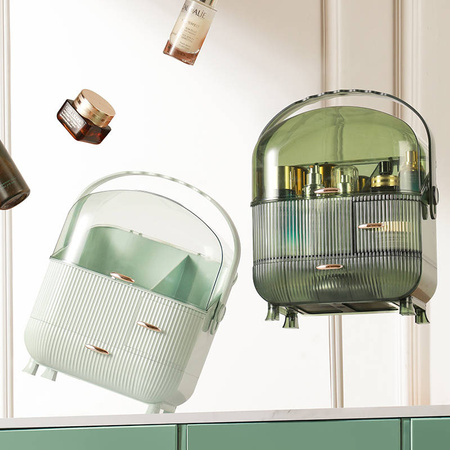 Multilevel green casket organizer Strado for cosmetics and jewelry capacious lockable acrylic trunk