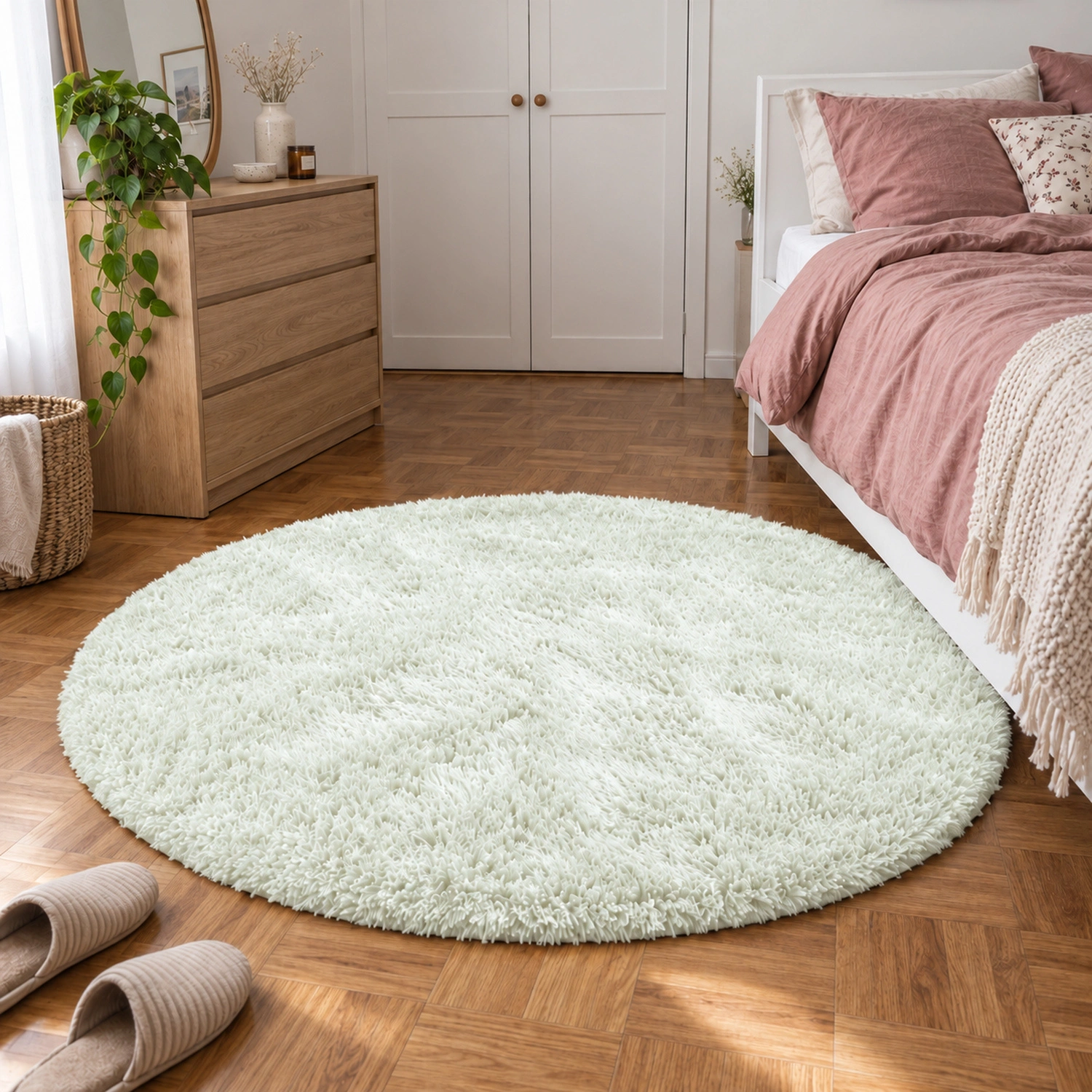 Dywan okrągły Shaggy WhiteLime 150 cm — sypialnia