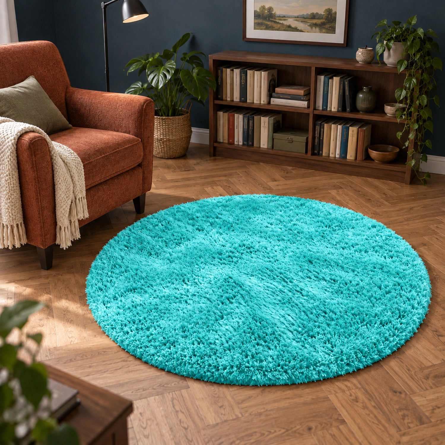 Dywan okrągły Shaggy TurquoiseSea 120 cm — kącik do czytania