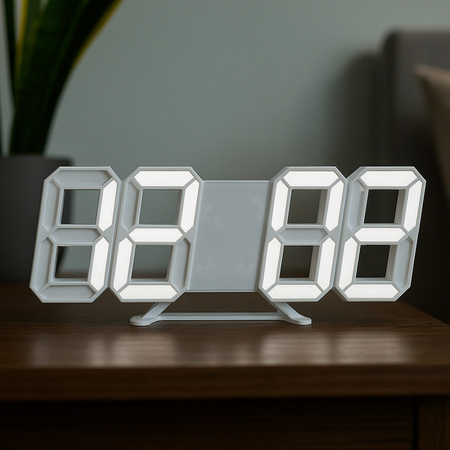 4w1 Zegar cyfrowy LED 3D ścienny stojący budzik termometr data alarm, biały