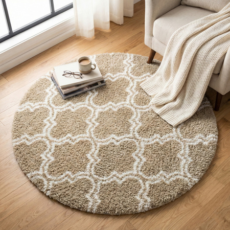 Dywan okrągły do salonu shaggy DECOR antypoślizgowy miękki puszysty 140x140 Khaki Lantern