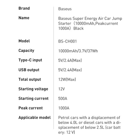 Powerbank Baseus Power Starter Jump Starter urządzenie rozruchowe booster 1000mAh + kable (Czarne)