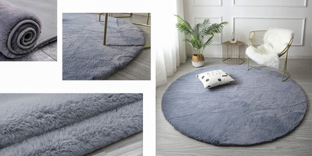 Dywan Okrągły Rabbit futro królika antypoślizgowy puszysty 160x160, srebrny