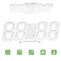 4w1 Zegar cyfrowy LED 3D ścienny stojący budzik termometr data alarm, biały