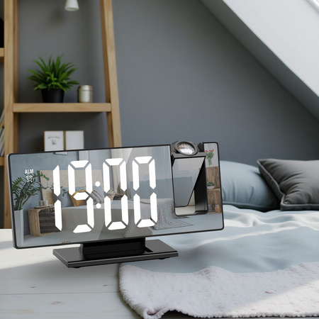 ELEKTRONICZNY ZEGAR LED cyfrowy z projektorem budzik termometr lustro 4w1, czarny