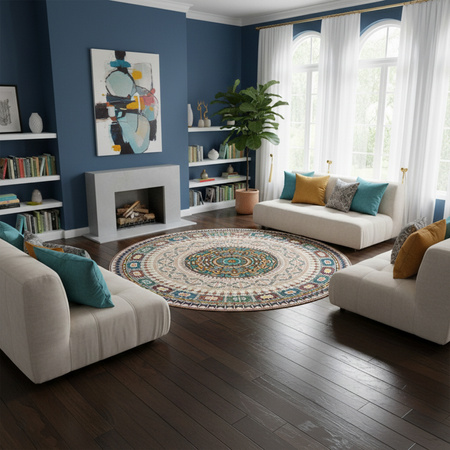 Dywan okrągły NOVO Strado nowoczesny beżowy deliktany wzór do salonu Orientalny 180x180 cm