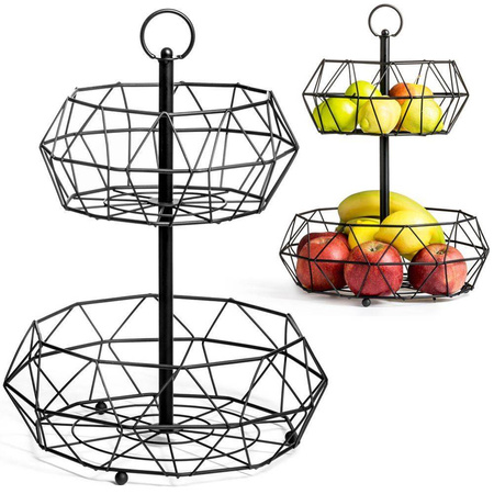 Koszyk na owoce i warzywa geometryczny metalowy 2-poziomowy (Czarny)