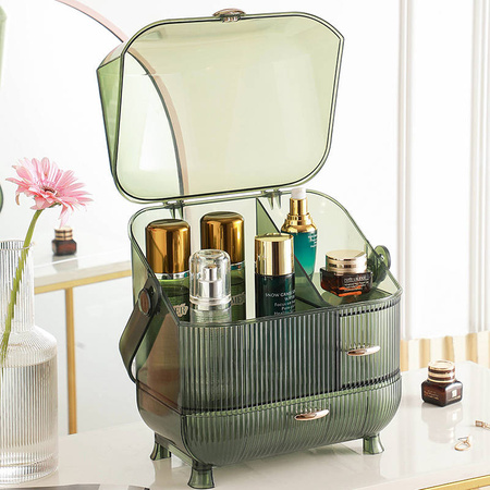Wielopoziomowa zielona szkatułka organizer Strado na kosmetyki i biżuterię pojemny zamykany kuferek akrylowy
