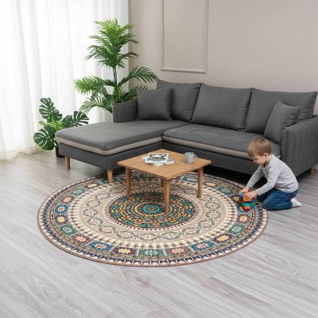 Dywan okrągły NOVO Strado nowoczesny beżowy deliktany wzór do salonu Orientalny 180x180 cm