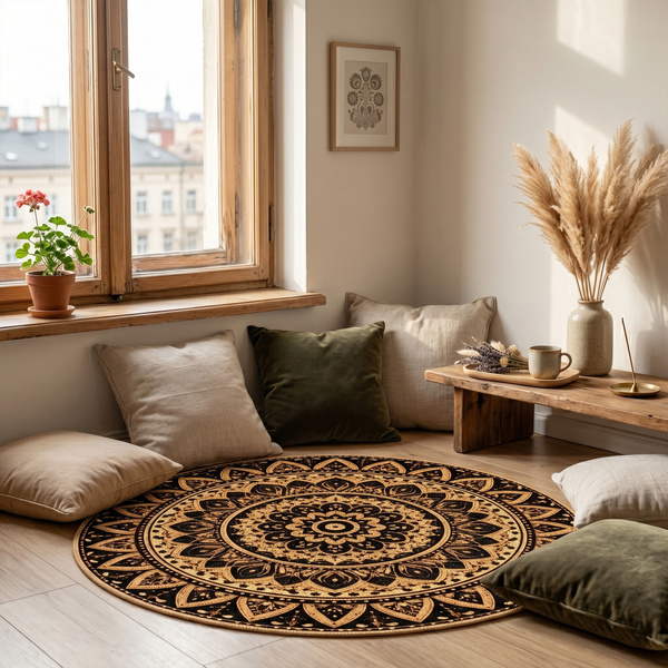Dywan okrągły Mandala do salonu 120x120 orientalny NOVO antypoślizgowy
