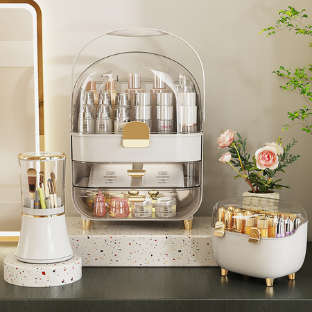 ZESTAW 3x Organizer szkatułka pojemnik na kosmetyki pędzle biżuterię ARIA, beżowy-przezroczysty