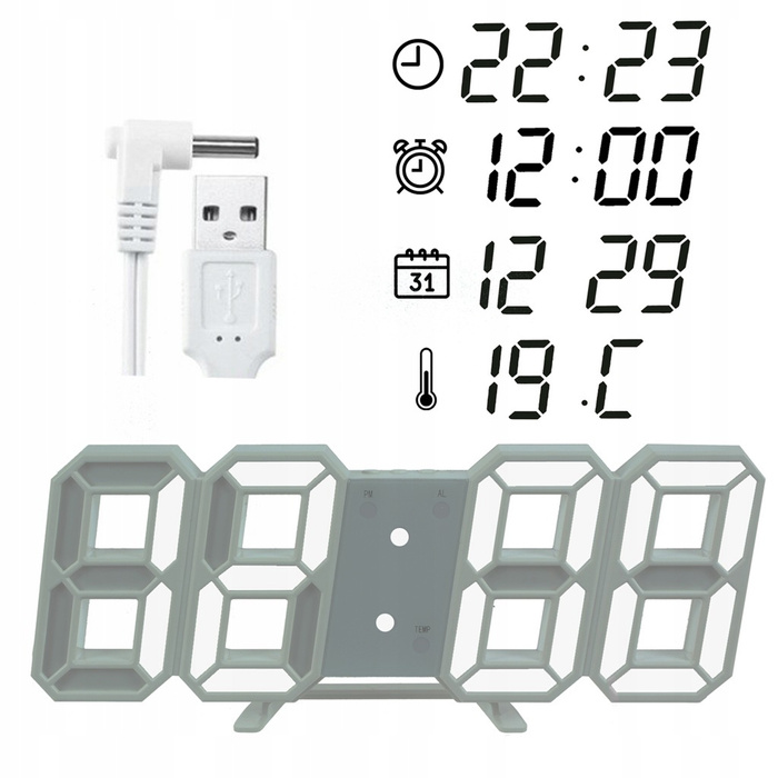 4w1 Zegar cyfrowy LED 3D ścienny stojący budzik termometr data alarm, biały