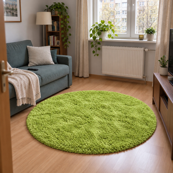 Dywan okrągły Shaggy 120x120 cm, zielony - pluszowy, miękki do salonu i sypialni