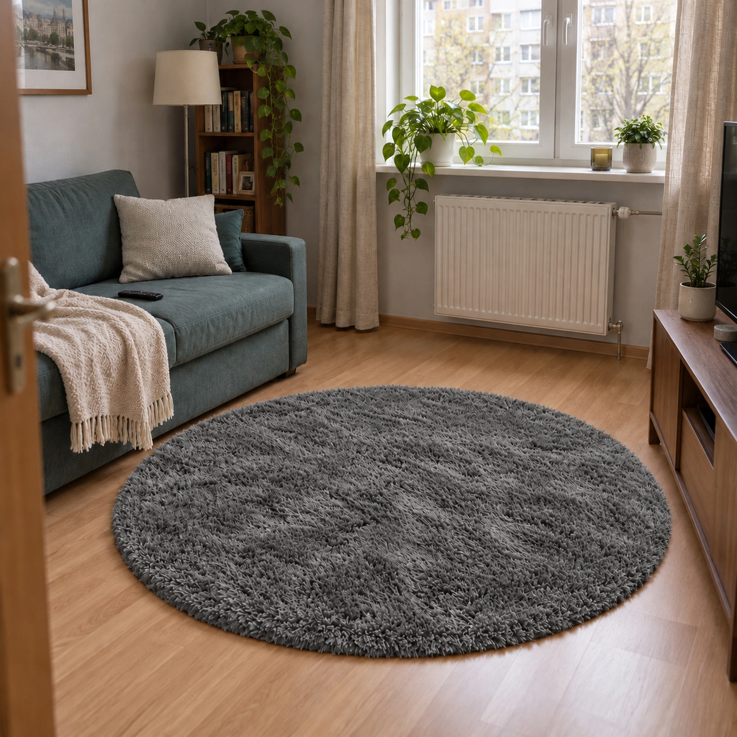 Dywan okrągły Shaggy GreyNight 100 cm — aranżacja salonu
