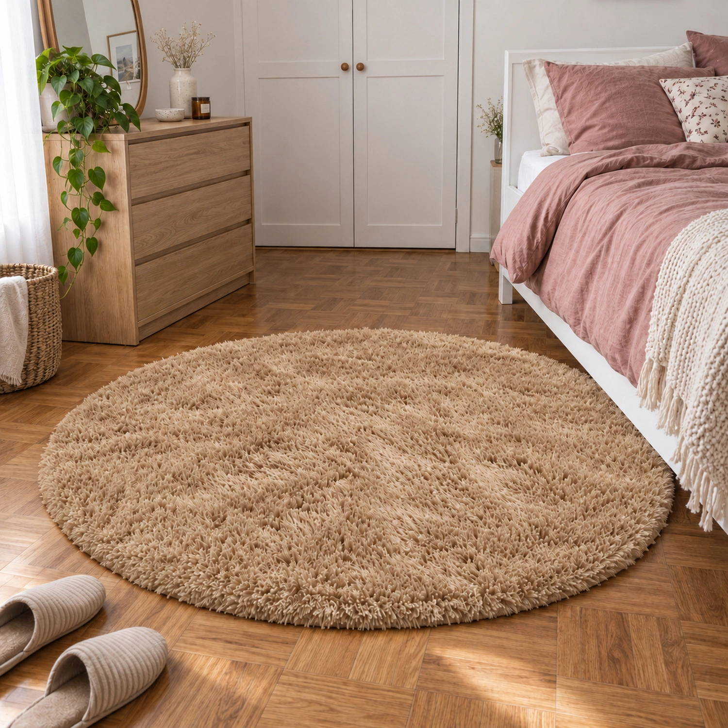 Dywan okrągły Shaggy CappuccinoCamel 100 cm — sypialnia