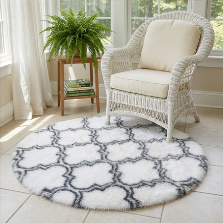 Dywan okrągły do salonu shaggy DECOR antypoślizgowy miękki puszysty 140x140 White Lantern