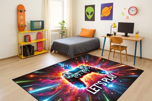 Dywan gamingowy 3D LET'S Play 120x170 cm - nowoczesny wzór 3D do pokoju gracza