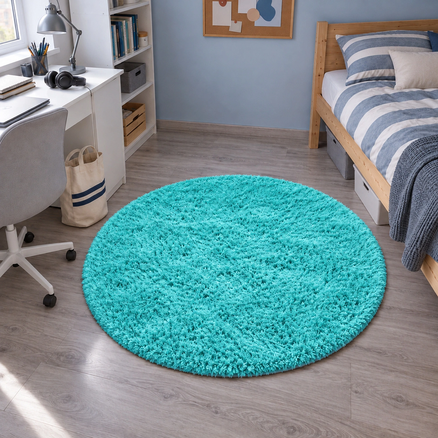Dywan okrągły Shaggy TurquoiseSea 120 cm — pokój młodzieżowy