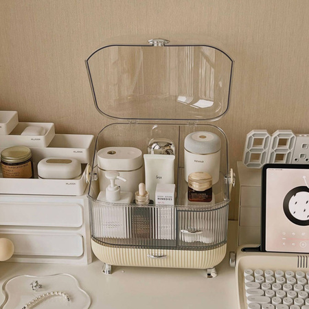 ORGANIZER Szkatułka kuferek na kosmetyki biżuterię kosmetyczka duża XXL, beżowy-przezroczysty