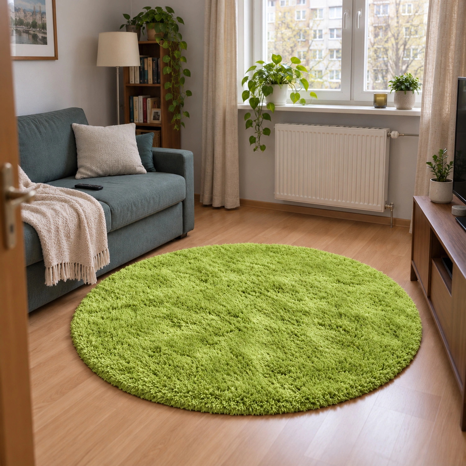 Dywan okrągły Shaggy GreenGrass 300 cm — aranżacja salonu