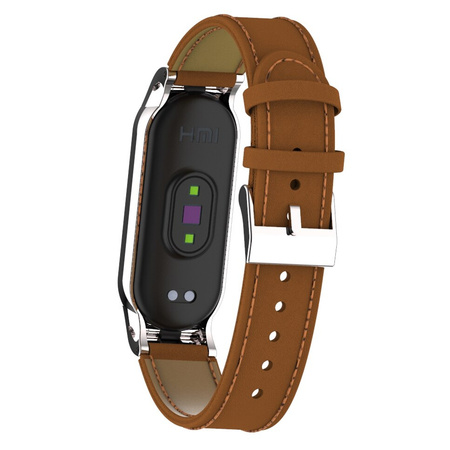 Pasek skórzany do Xiaomi Mi Band 8 - Brown-Silver