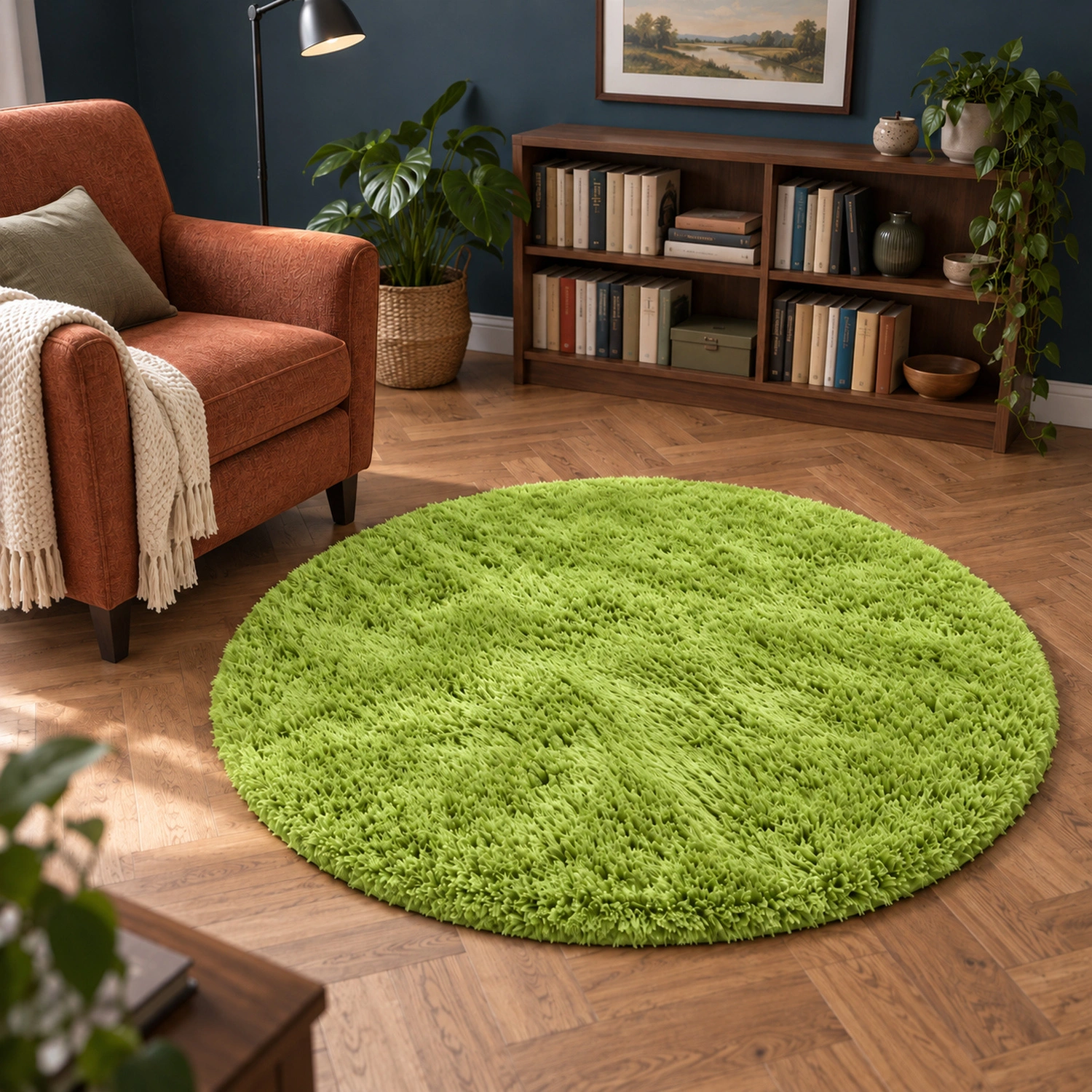 Dywan okrągły Shaggy GreenGrass 160 cm — kącik do czytania