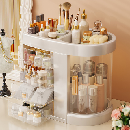 Organizer Maya clear szkatułka na kosmetyki i biżuterię 4 szufladki obrotowa pokrywa elegancki design