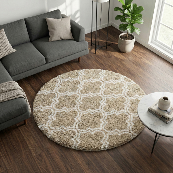 Dywan okrągły Shaggy Decor 140x140 cm, khaki - pluszowy, miękki do salonu i sypialni