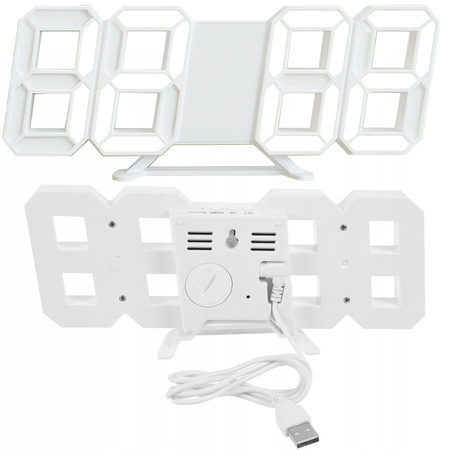 4w1 Zegar cyfrowy LED 3D ścienny stojący budzik termometr data alarm, biały