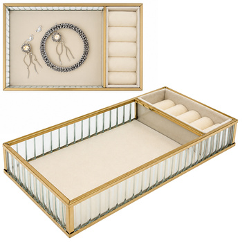 Szklana szkatułka na biżuterię 26x13x4cm organizer pudełko welurowa beżowa