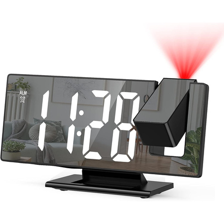 ELEKTRONICZNY ZEGAR LED cyfrowy z projektorem budzik termometr lustro 4w1, czarny