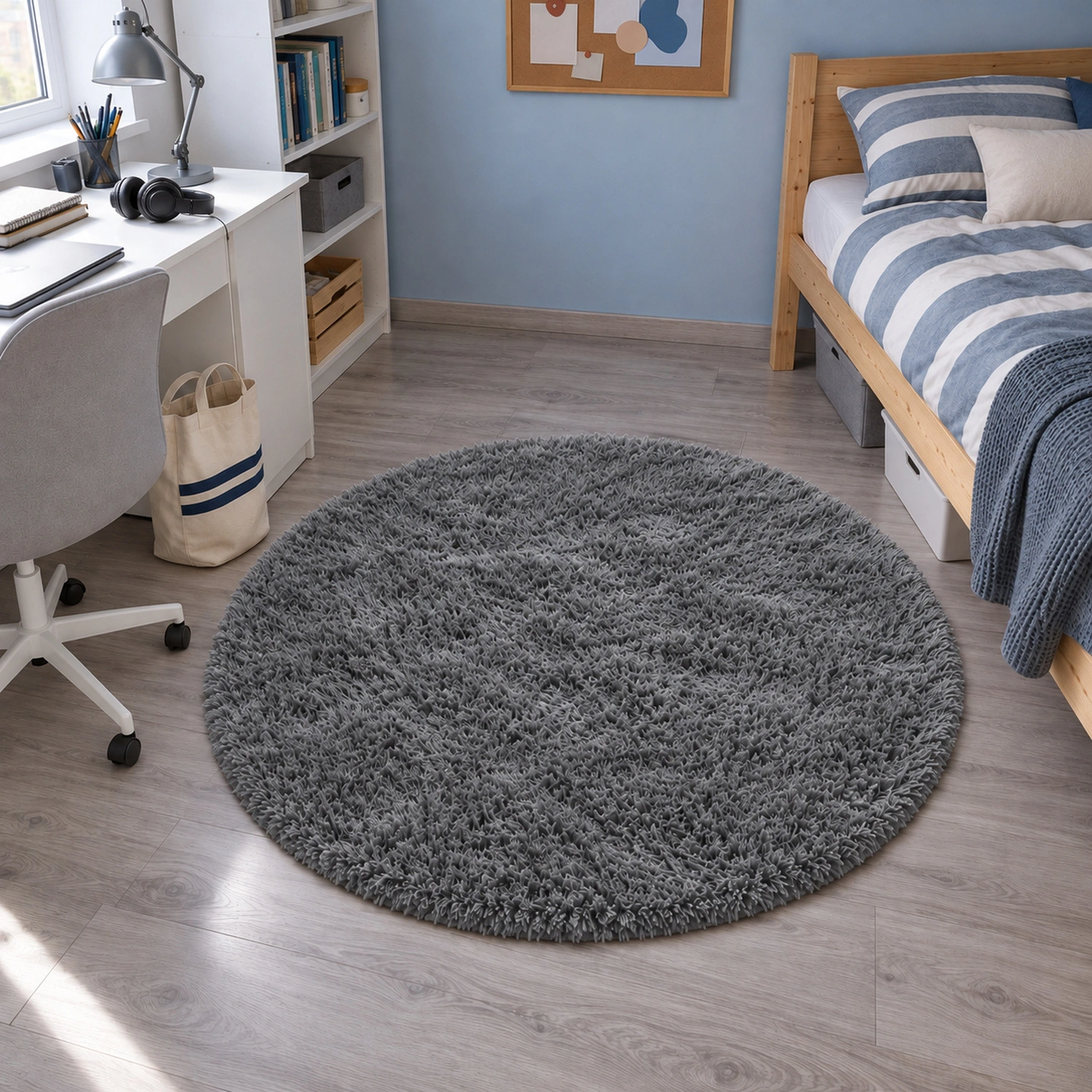 Dywan okrągły Shaggy GreyNight 140 cm — pokój młodzieżowy