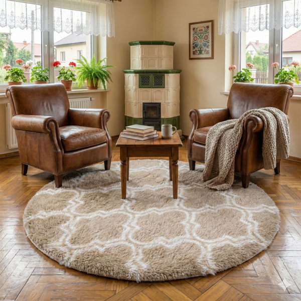 Dywan okrągły Shaggy Decor 140x140 cm, khaki - pluszowy, miękki do salonu i sypialni