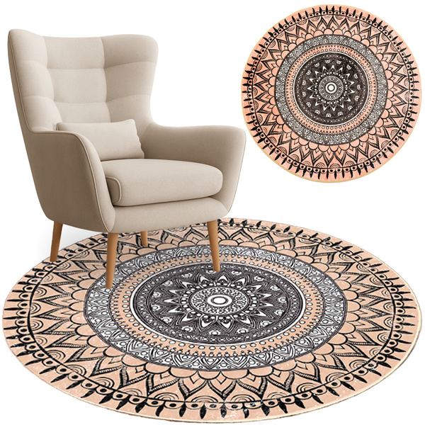 Dywan okrągły Novo 200x200 cm, beżowy Aztecki - pluszowy do salonu