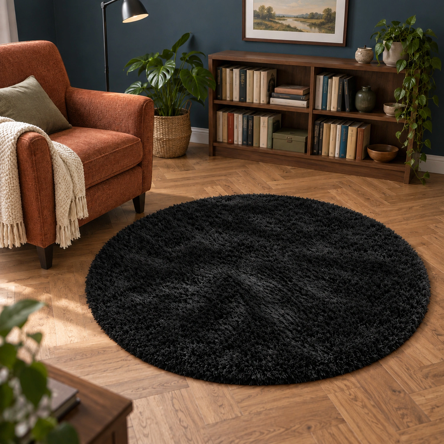 Dywan okrągły Shaggy BlackSky 90 cm — kącik do czytania