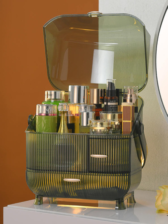 Wielopoziomowa zielona szkatułka organizer Strado na kosmetyki i biżuterię pojemny zamykany kuferek akrylowy