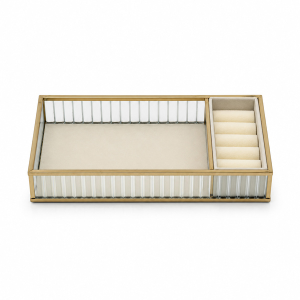 Szklana szkatułka na biżuterię 26x13x4cm organizer pudełko welurowa beżowa