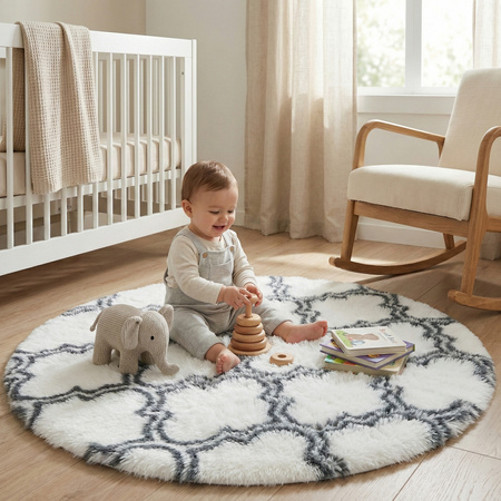 Dywan okrągły do salonu shaggy DECOR antypoślizgowy miękki puszysty 120x120 White Lantern