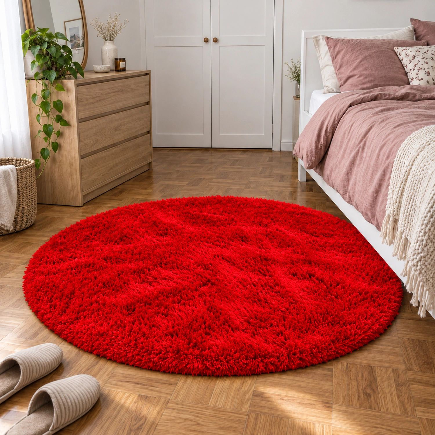 Dywan okrągły Shaggy BloodyRed 160 cm — sypialnia