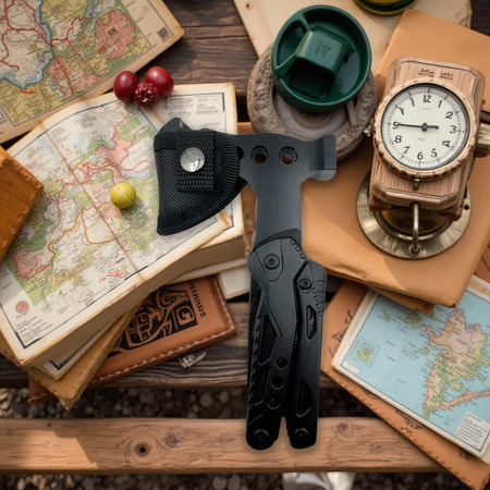 Wielofunkcyjny MULTITOOL Narzędzie siekiera szczypce Survivalowy scyzoryk, czarny