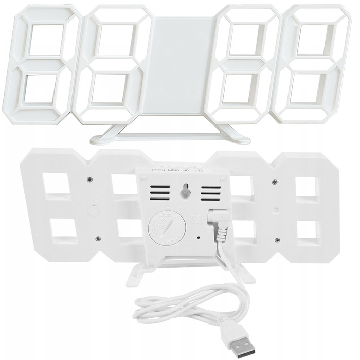 4w1 Zegar cyfrowy LED 3D ścienny stojący budzik termometr data alarm, biały