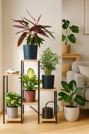 Kwietnik stojący metalowy PANORAMA na kwiaty i rośliny na 6 donic JASNY DĄB