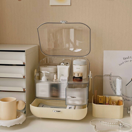 ORGANIZER Szkatułka kuferek na kosmetyki biżuterię kosmetyczka duża XXL, beżowy-przezroczysty