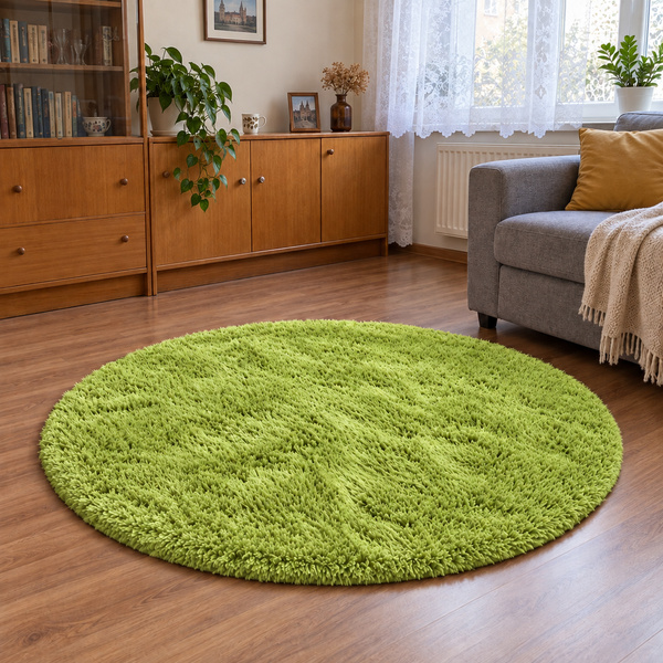 Dywan okrągły Shaggy 120x120 cm, zielony - pluszowy, miękki do salonu i sypialni